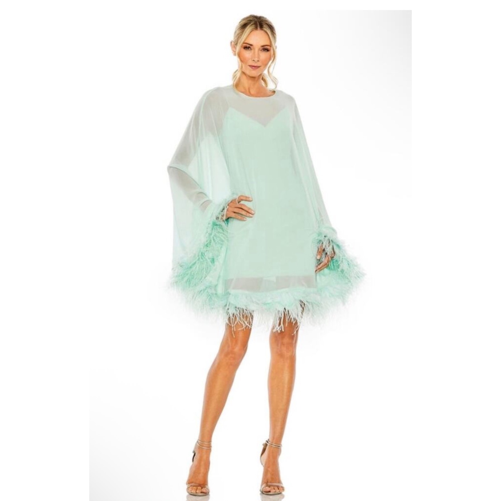 Mac Duggal 11622 Mint Green Feather Trim Trapeze Mini Cocktail Dress Sz 10